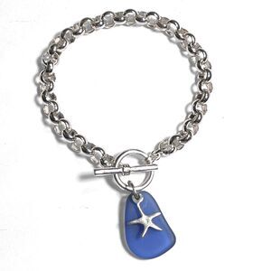 Blue Sea Glass Starfish Bracelet Silver Plated Rolo Chain Toggle Clasp 8" Beach